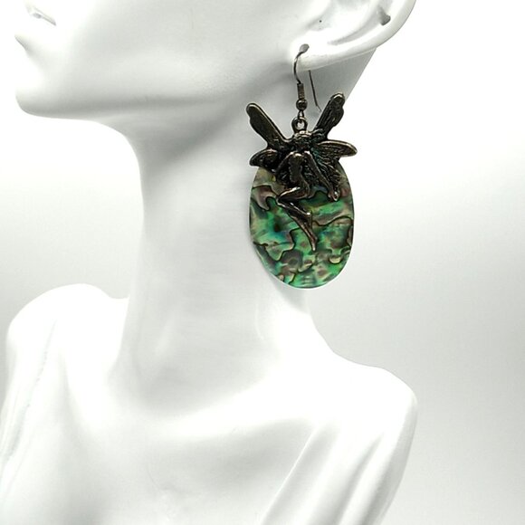 Abalone Shell Fairy Design Dangle Earrings Unique - Picture 4 of 12
